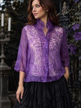 City Blues by Koret Purple Burnout Floral Blouse Sheer Shirt Petite Large PL